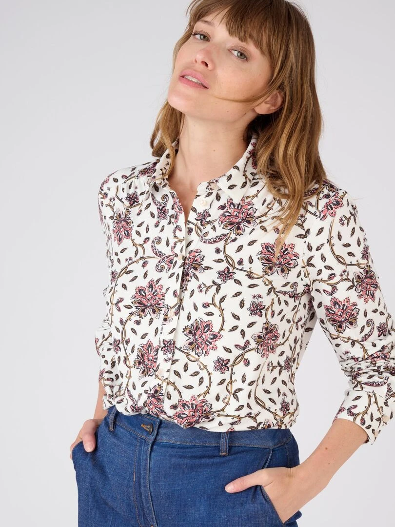 Chemisier fleuri maille chaude Damart Beige