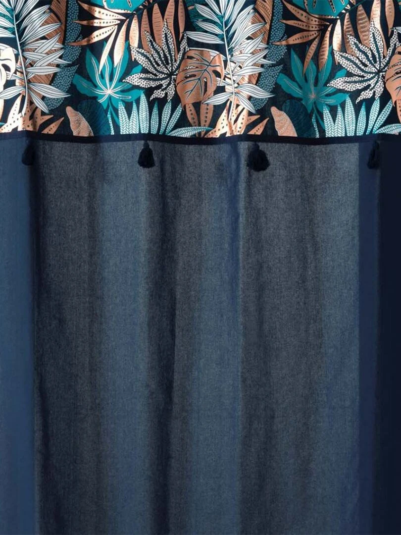 Rideau à œillets 140x240 uni top métallisé pompons Alianor bleu coton Bleu