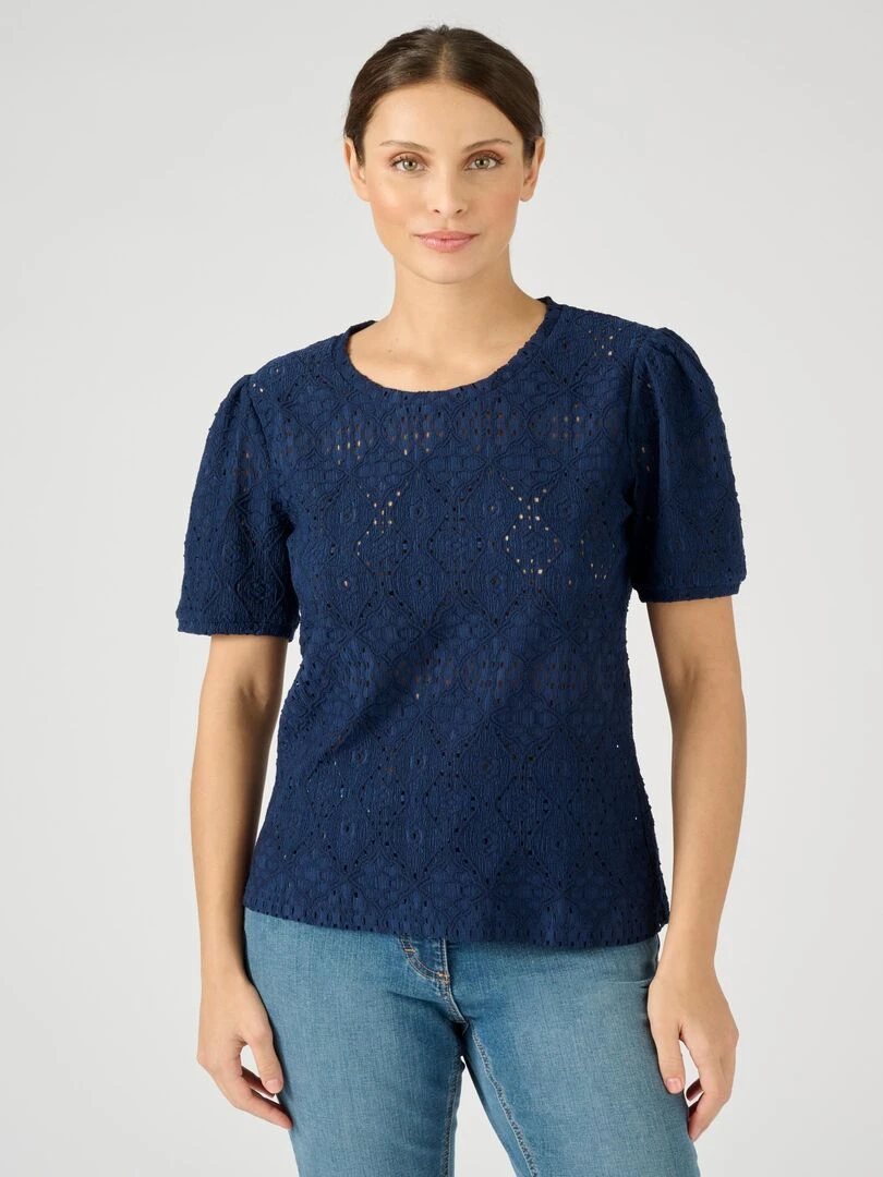 Tee shirt en maille ajourée effet dentelle Damart Bleu marine