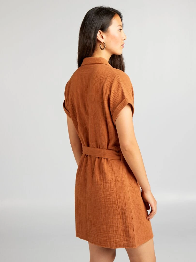 Robe courte forme chemise en double gaze de coton   Marron