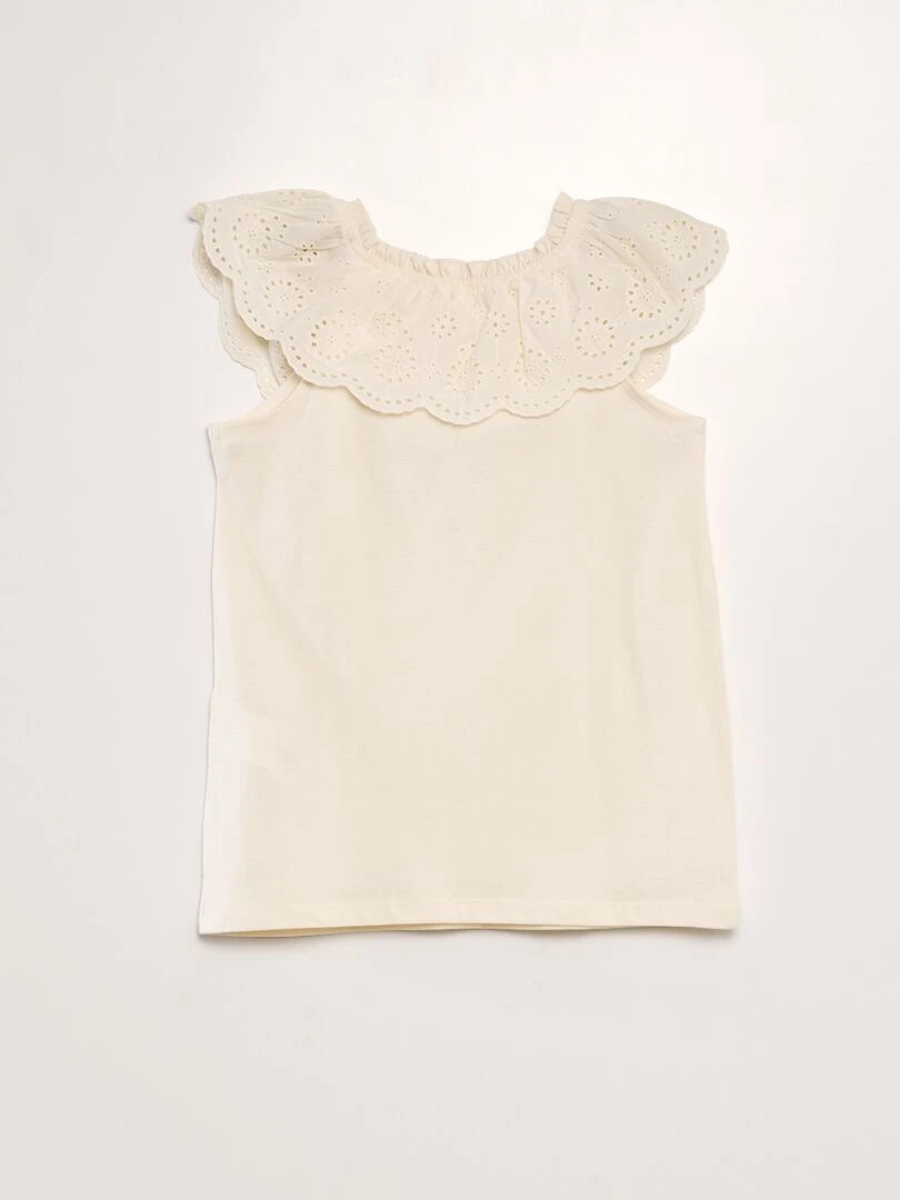 T shirt sans manches avec col brodé Ecru