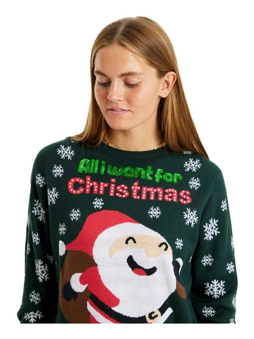 Pull de Noël "Père Noël en basket" Vert