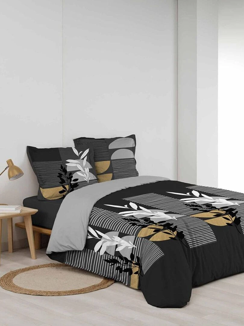 Housse de couette 240x220 + 2 taies métallisé Asior coton 57 fils   Noir