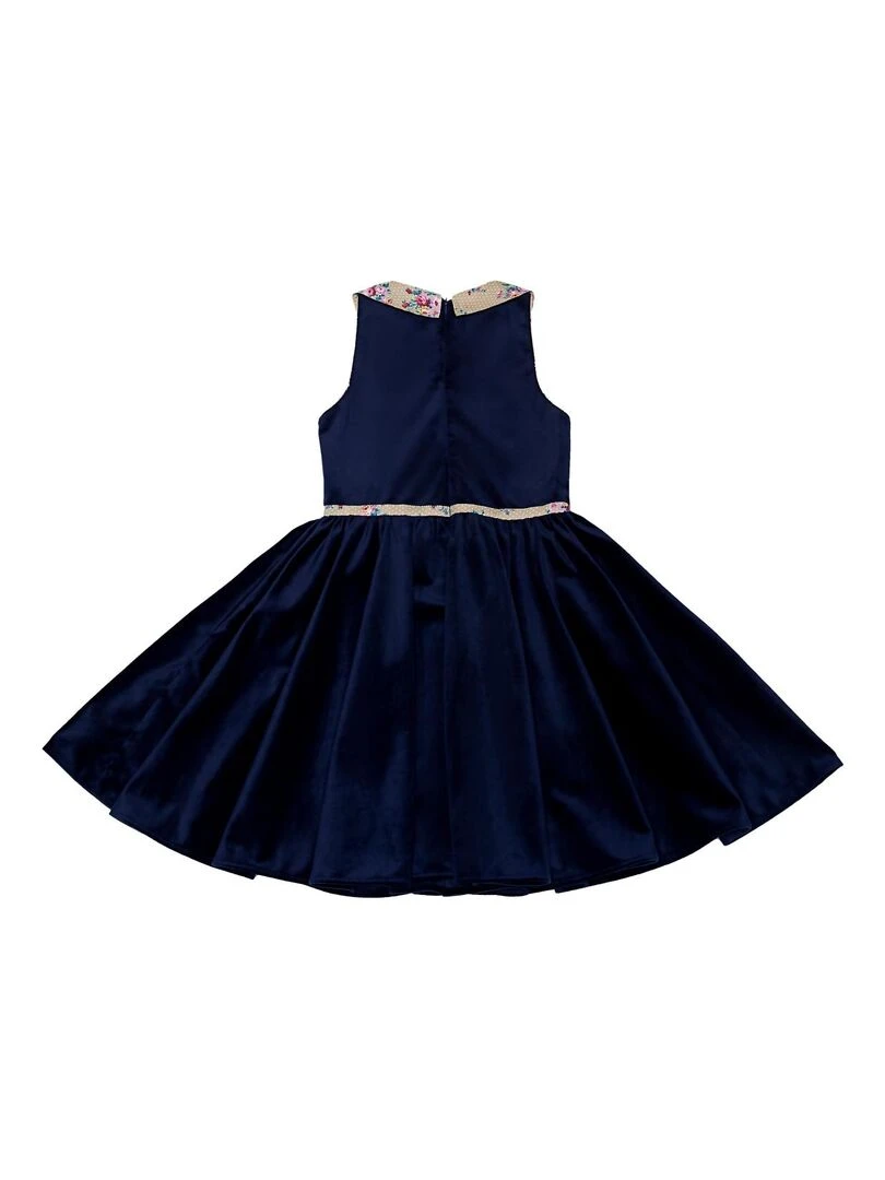 Robe Qui Tourne Fille  Velours Bleu Marine  Col Fleuri Beige  HEPBURN   'LA FAUTE A VOLTAIRE'   Bleu marine
