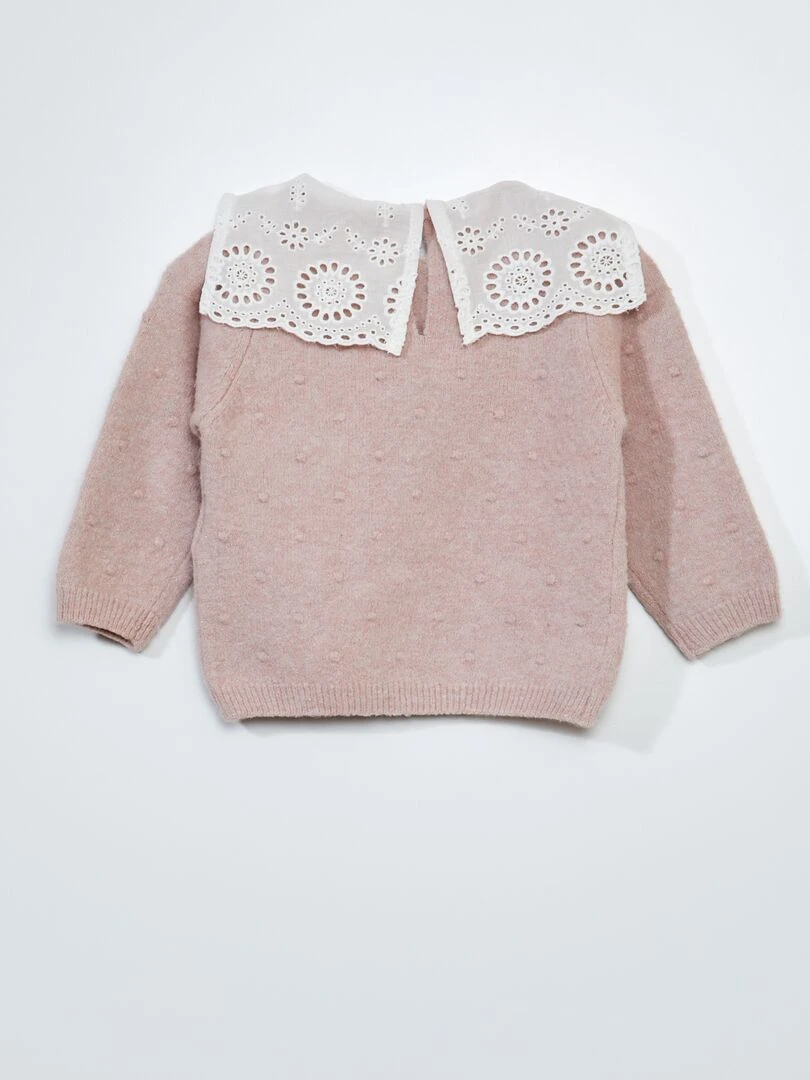 Pull en maille tricot avec col en broderies anglaises Rose