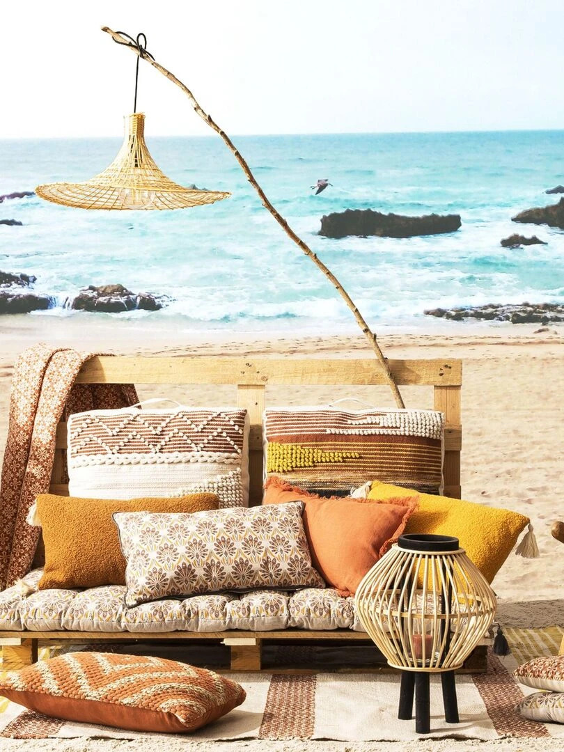 Long coussin en coton avec avec pompons PEACOCK 'Deko&co'   Blanc Marron