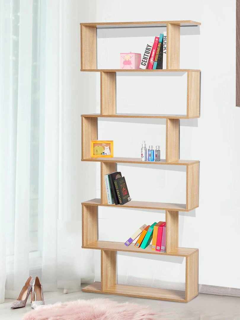 Bibliothèque étagère zig zag design contemporain 80L x 23l x 192H cm 6 niveaux coloris chêne clair Beige