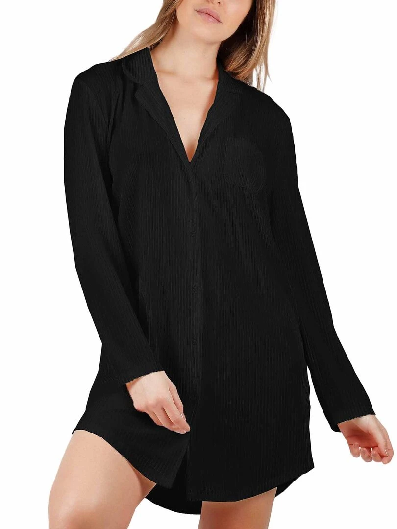 Chemise de nuit manches longues Elegant Stripes Noir