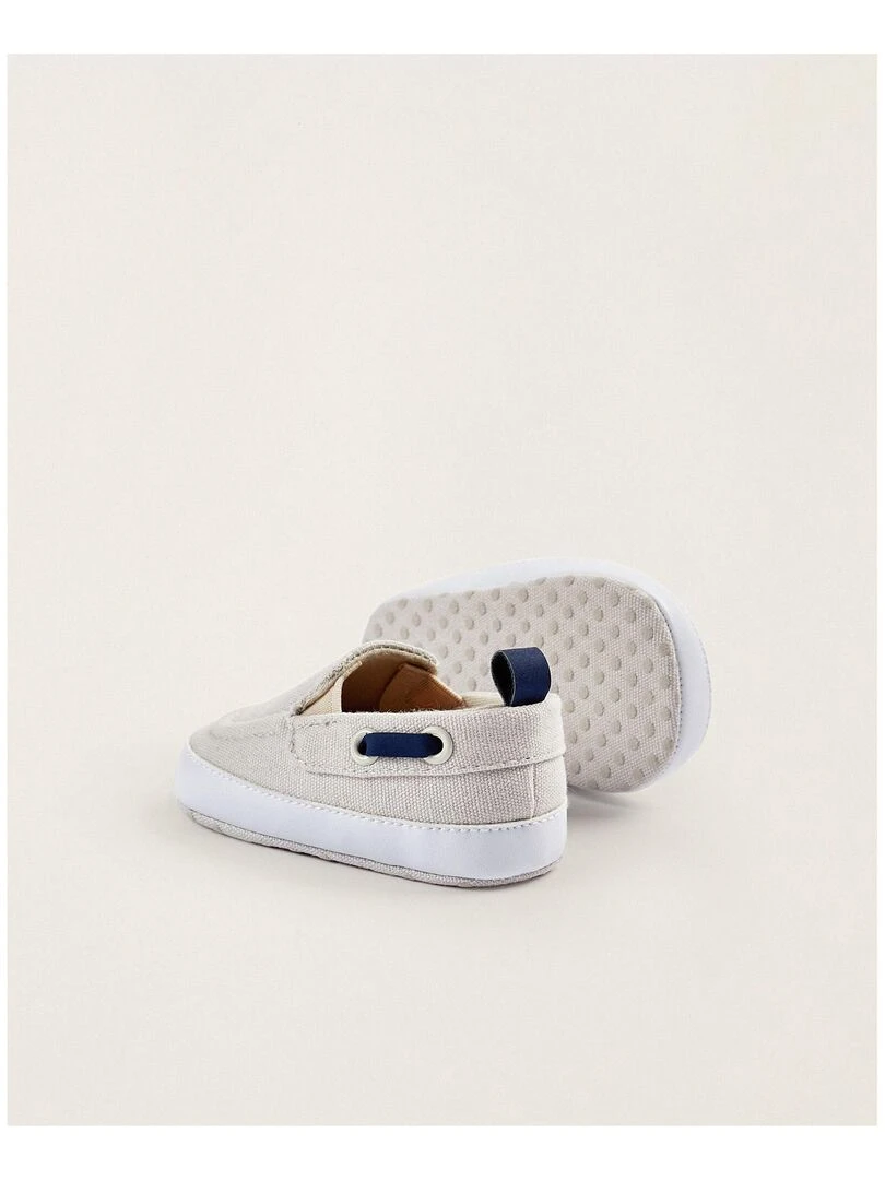 Chaussures Bateau en Tissu et Cuir pour Nouveau Né  ATLANTIC COMPANY   Gris clair