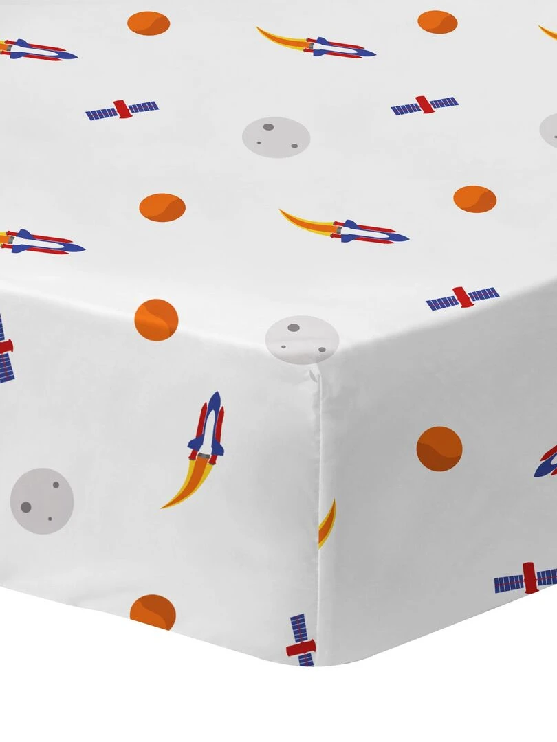 Drap housse imprimé 100% coton EXPLORE SPACE Blanc