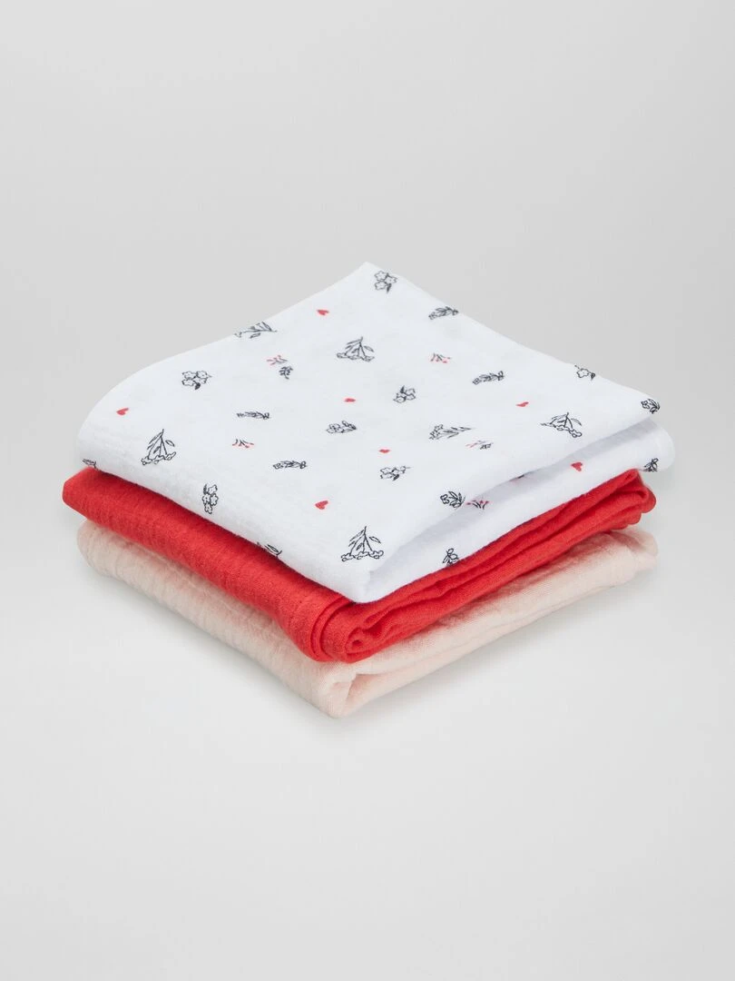 Lot de 3 langes en gaze de coton Blanc/rouge/rose