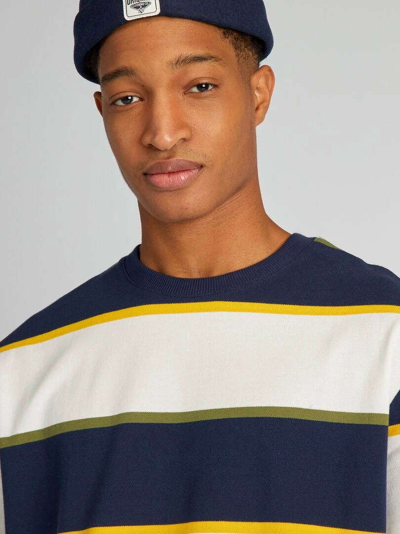 Tee shirt en piqué de coton + d'1m90   Blanc/bleu  marine/ jaune