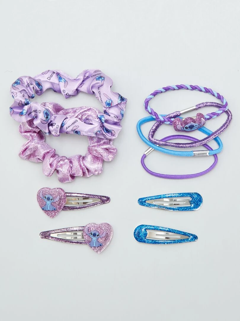 Set cheveux 4 pinces + 6 élastiques 'Stitch' Violet