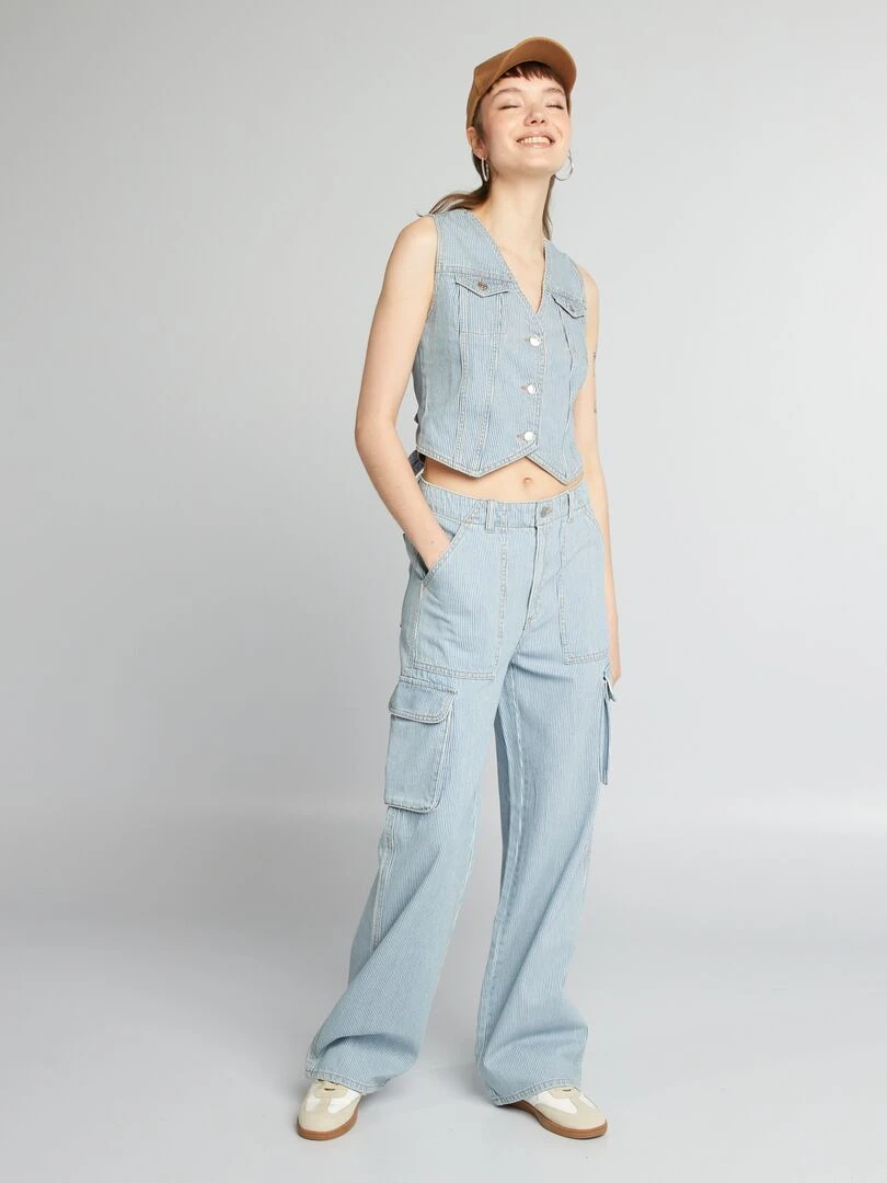 Pantalon wide leg denim à rayures Bleu