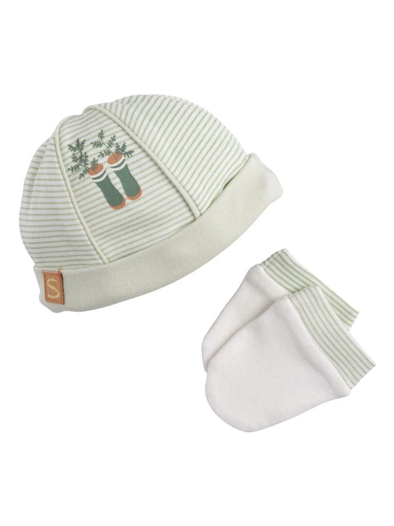 Lot bonnet et moufles bébé en coton SAUTHON Vert