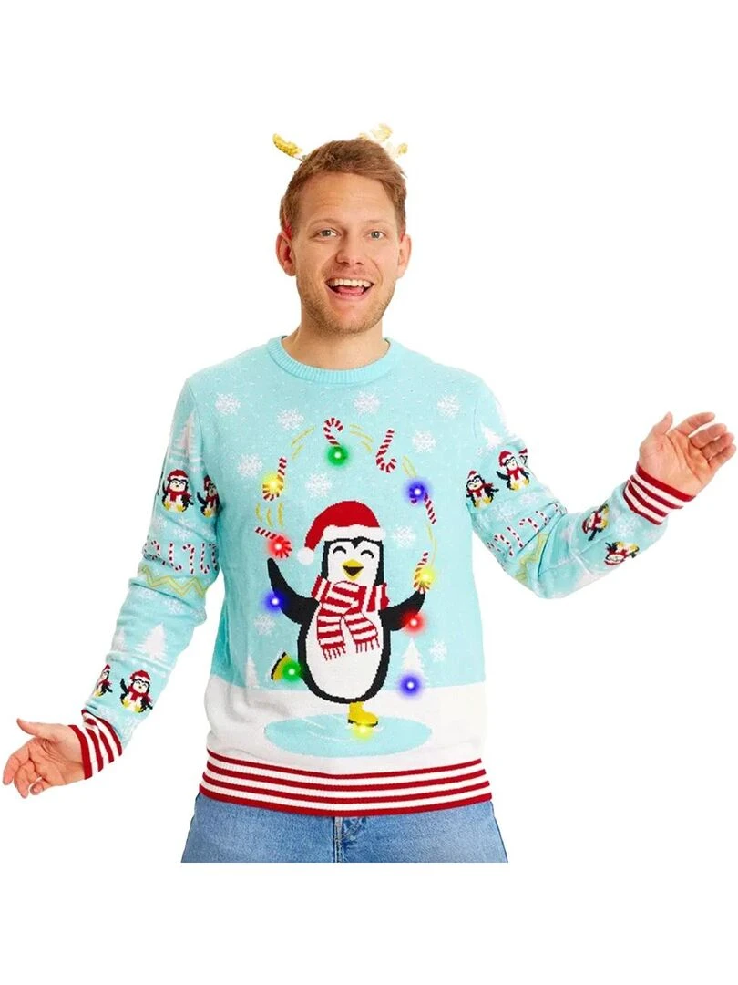Pull de Noël "Pingouin" Avec LEDS lumineuses Bleu
