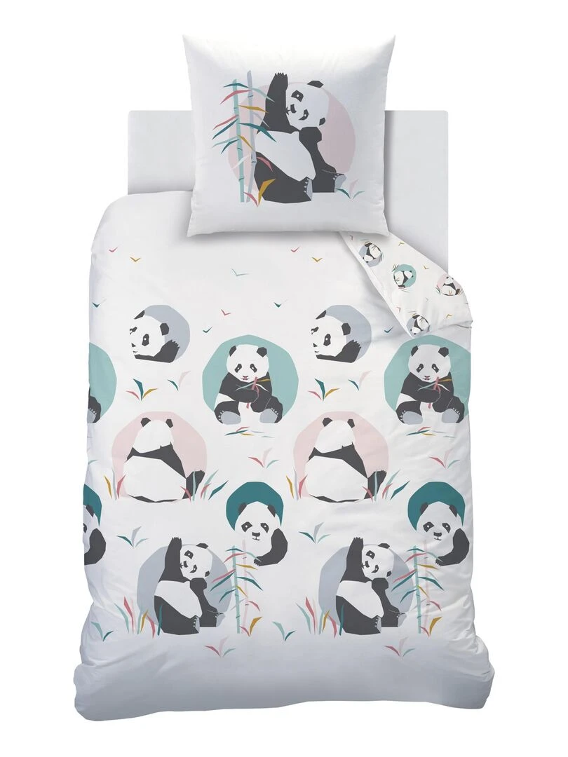 Parure de lit imprimée 100% coton  PANDA   Blanc