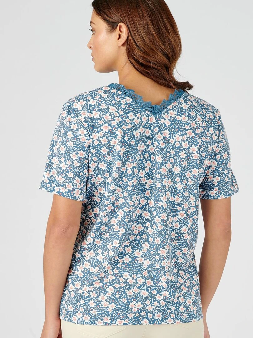 Tee shirt imprimé détails dentelle   Damart   Bleu