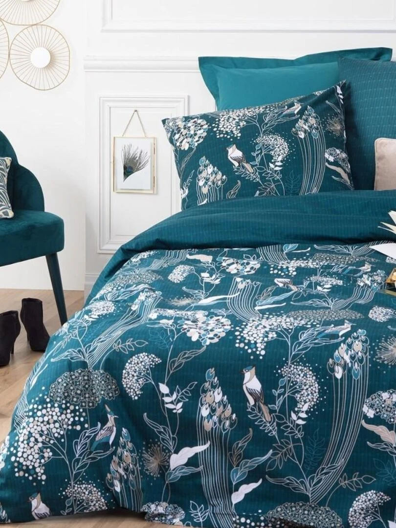 Housse de couette 240x220 Art Paon + 2 taies 100% coton 57 fils Bleu