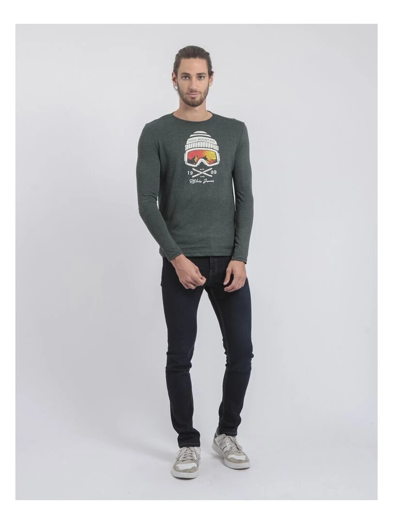 T shirt manches longues col rond pur coton JAMALA   Vert foncé