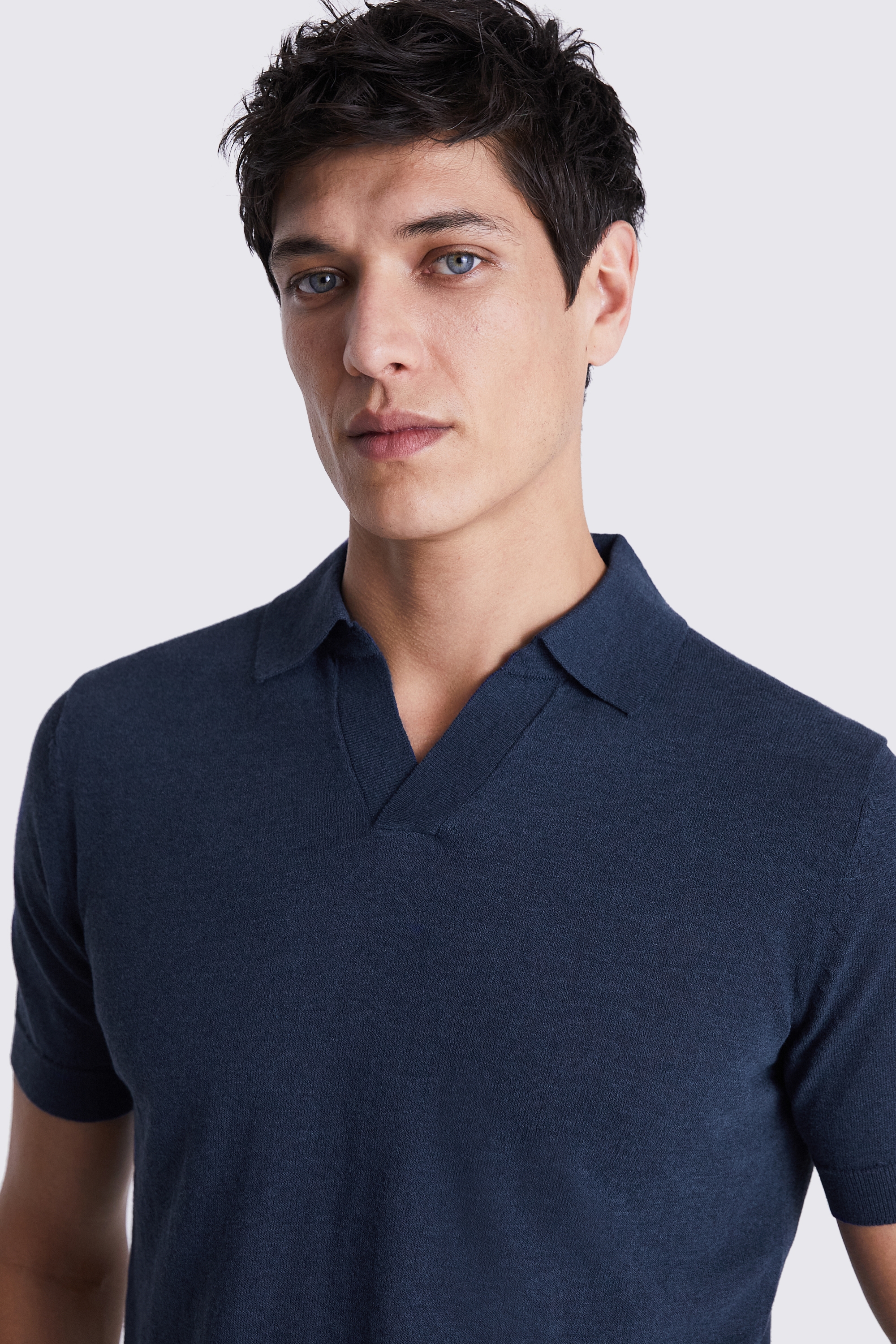 Linen Blend Ink Blue Skipper Polo   Buy Online at Moss