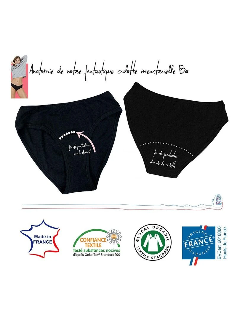 Shorty menstruel 1ères règles en coton bio Oeko Tex   Noir