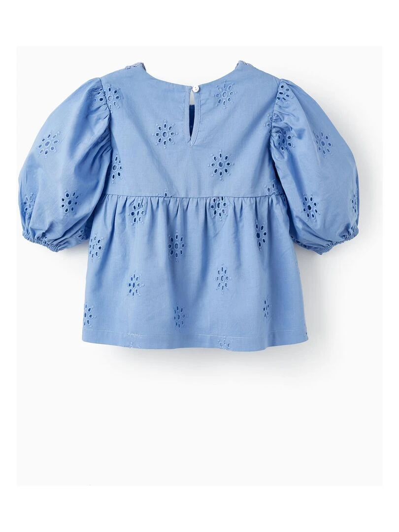 Blouse en coton avec broderie anglaise pour fille manches courtes ATLANTIC COMPANY Bleu clair