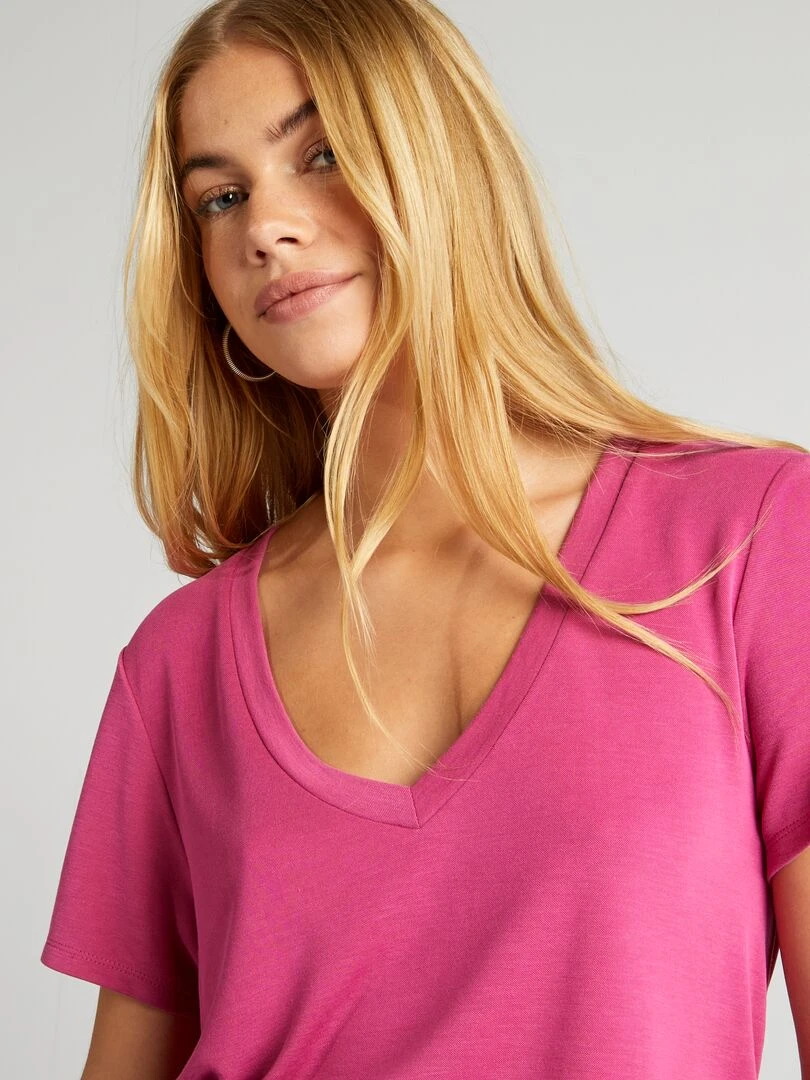 T shirt stretch à col V   Rose