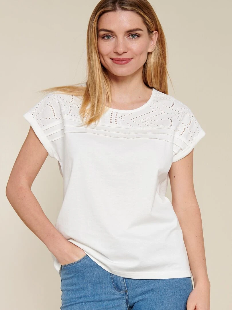 Tee shirt détails broderie anglaise Damart Blanc cassé