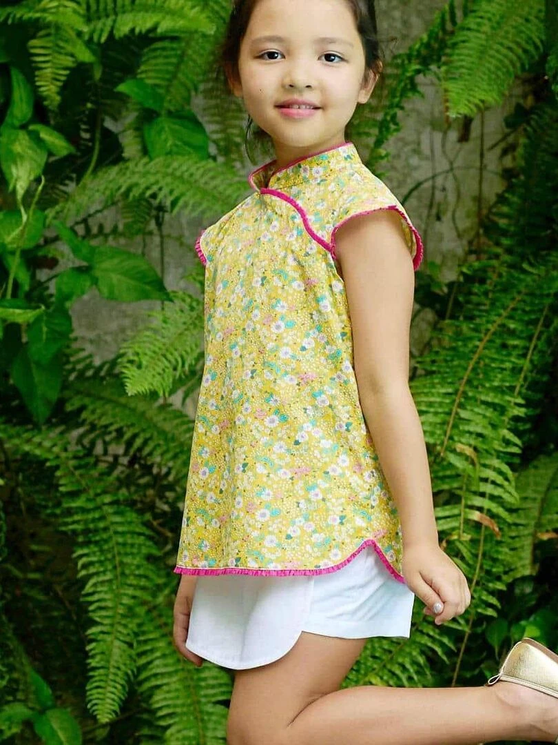 Blouse Chinoise Été Fille   Fleurie Jaune Rose Fuchsia  ANNAM   'LA FAUTE A VOLTAIRE'   Jaune