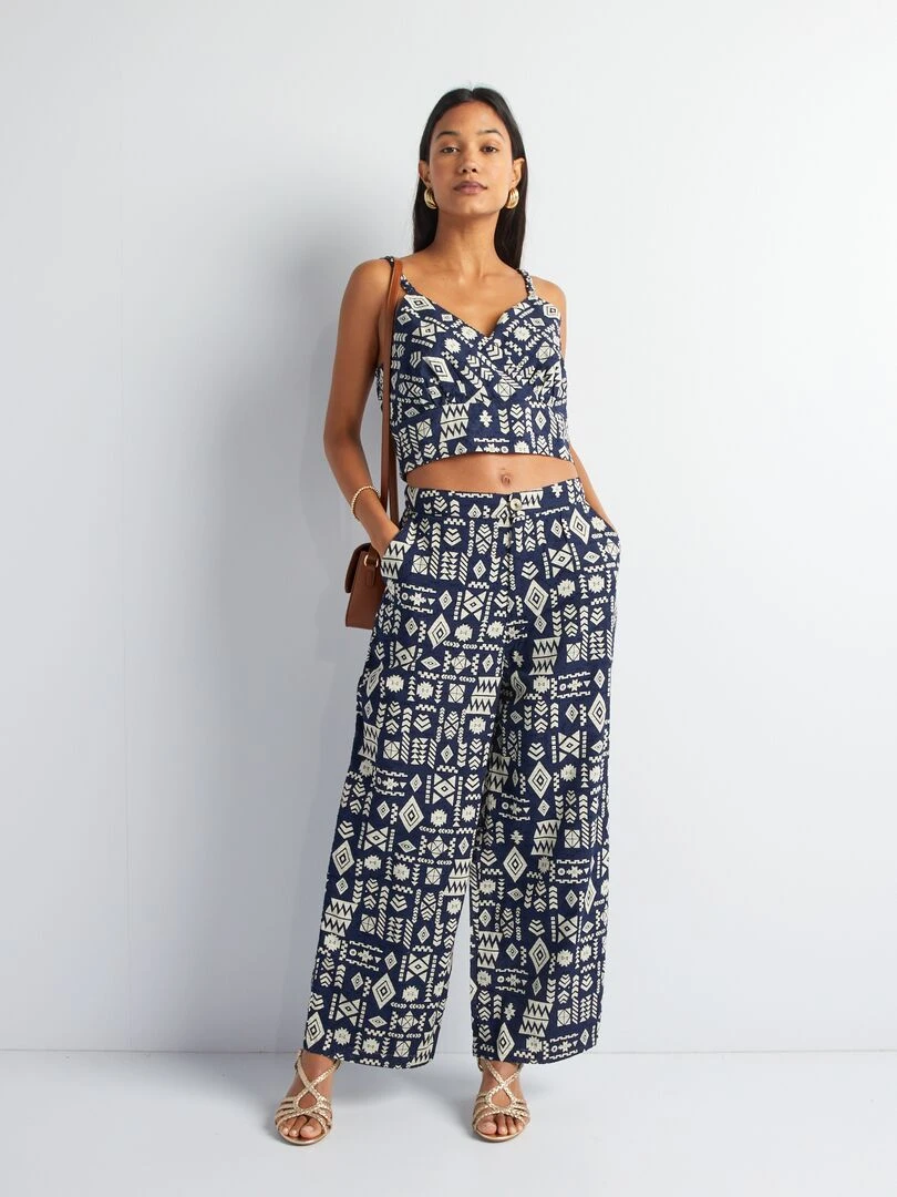 Crop top à bretelles imprimé ethnique Bleu