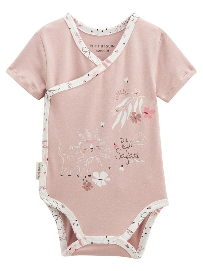 Lot de 2 bodies bébé manches courtes ouverture croisée Petit Safari Rose