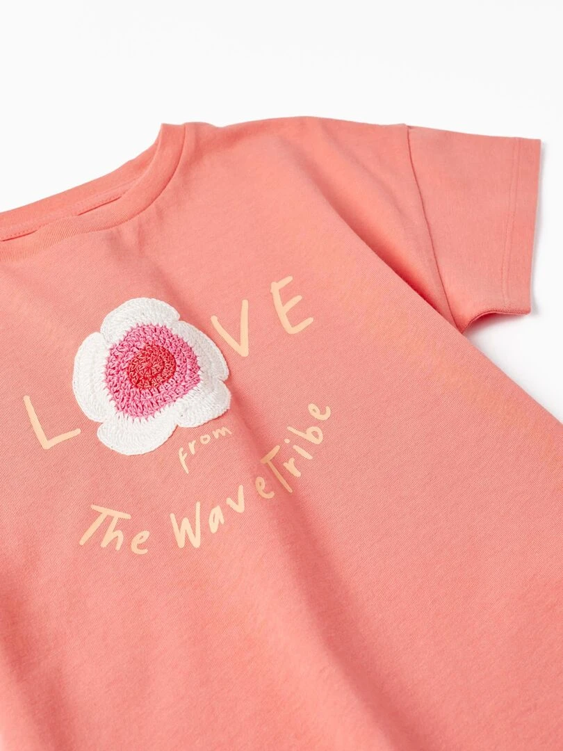 T shirt à manches courtes avec fleur brodée pour fille 'Love' manches courtes THE WAVE TRIBE   Rose clair