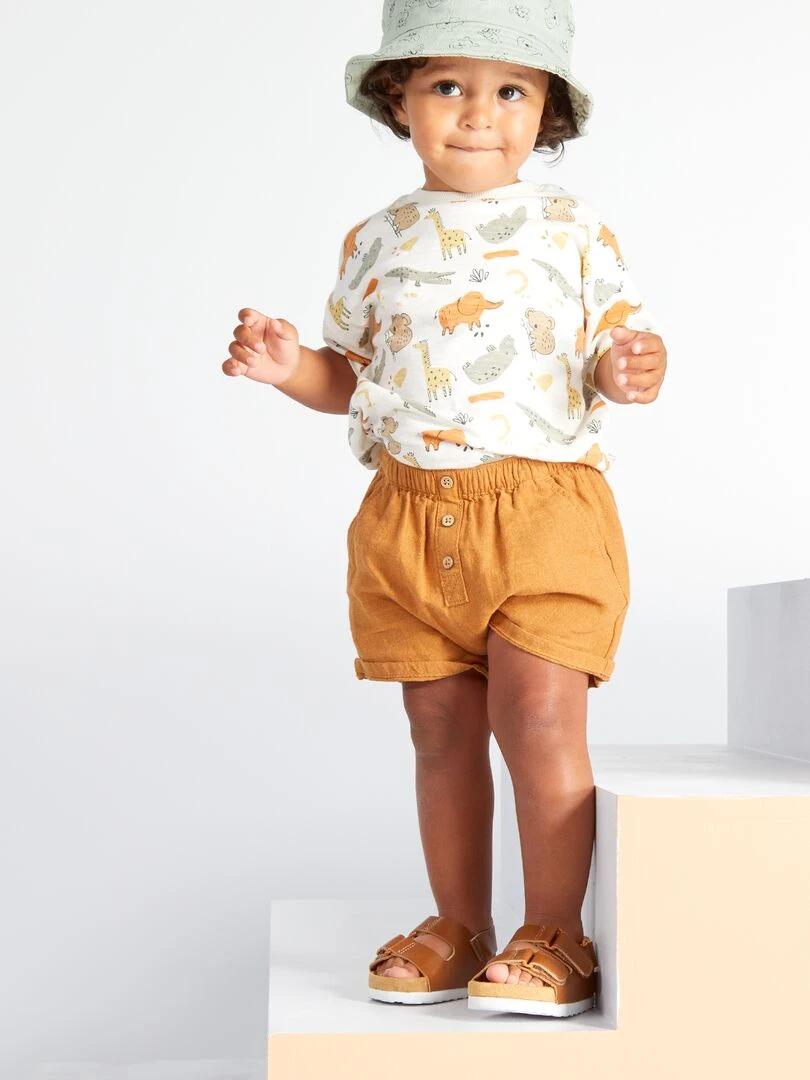 Short uni en coton et en lin Ocre