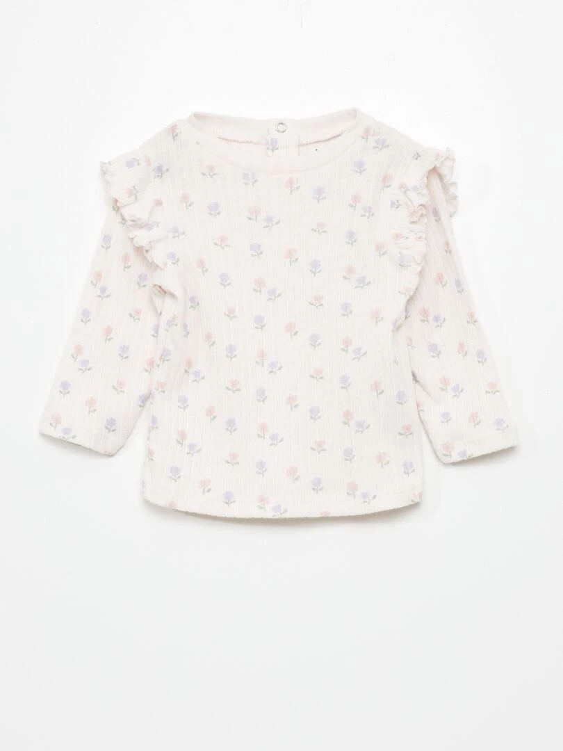 T shirt manches longues en rib à volants Rose clair
