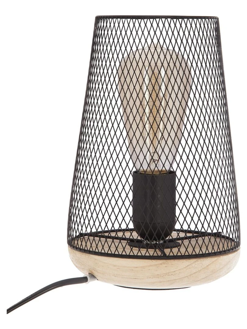 Lampe à poser grille et bois Noir