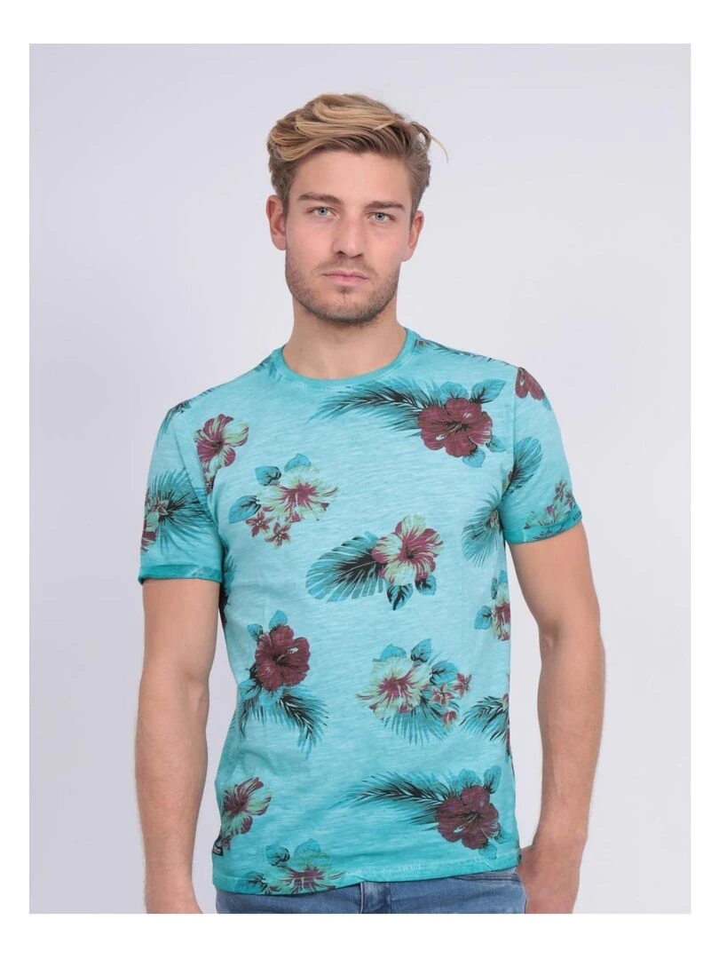 T shirt col rond pur coton NEMTALI Bleu turquoise