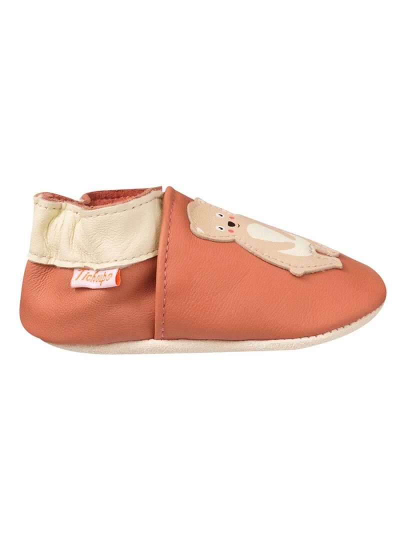 Chaussons bébé cuir souple à émotions ours Orange corail