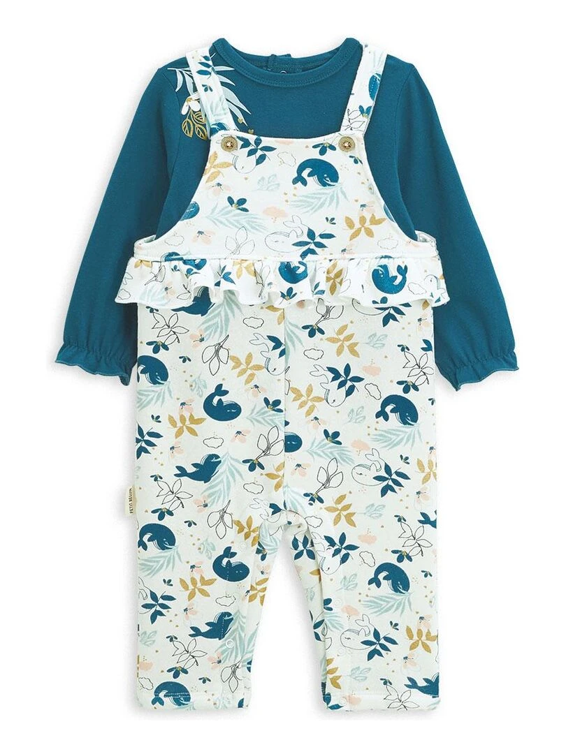 Ensemble salopette bébé en molleton et t shirt Moana Ecru