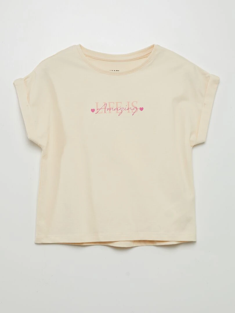T shirt imprimé à manches revers Beige