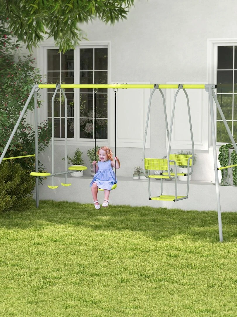 Balançoire 3 agrès portique avec 2 face à face et balançoire gris vert   Gris