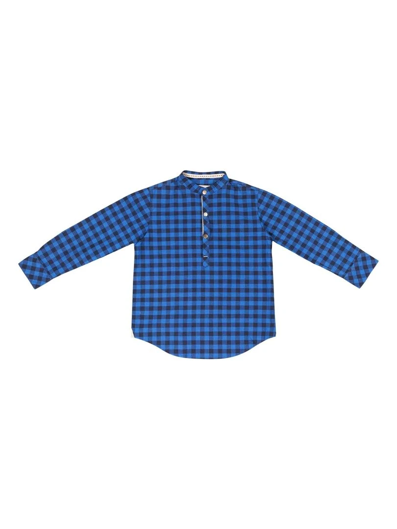 Chemise Col Mao Garçon  Carreaux Vichy Bleus  LIVERPOOL   'LA FAUTE A VOLTAIRE'   Bleu Bleu marine Bleu