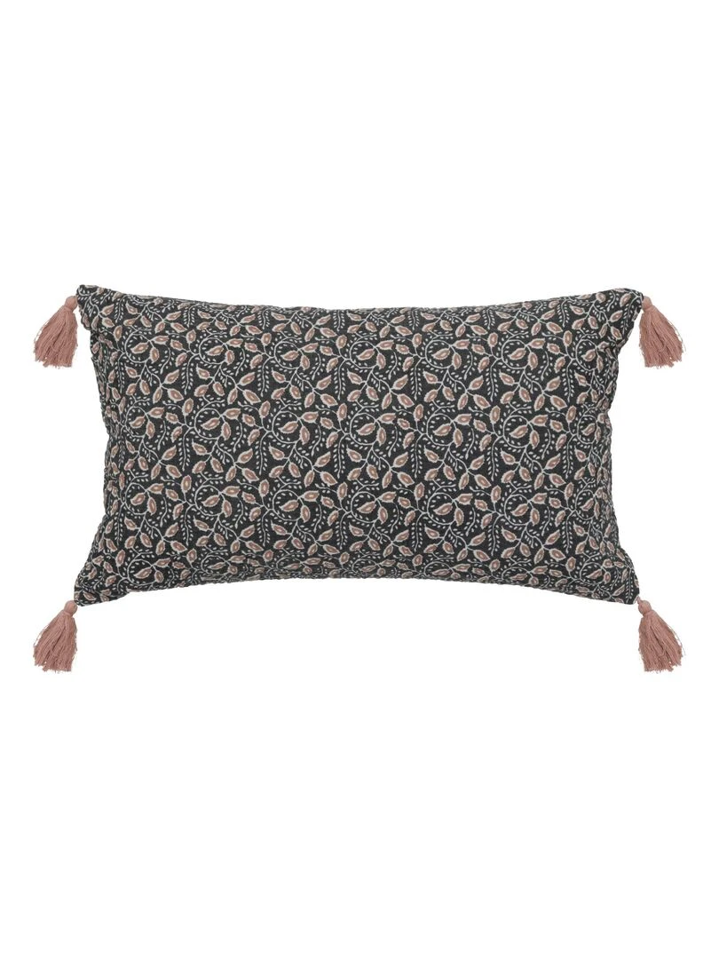 Coussin en coton à pompons Gris foncé