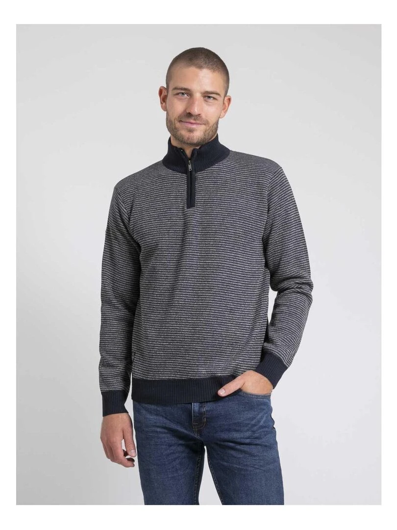 Pull col montant zippé rayures LIMEROU Bleu marine