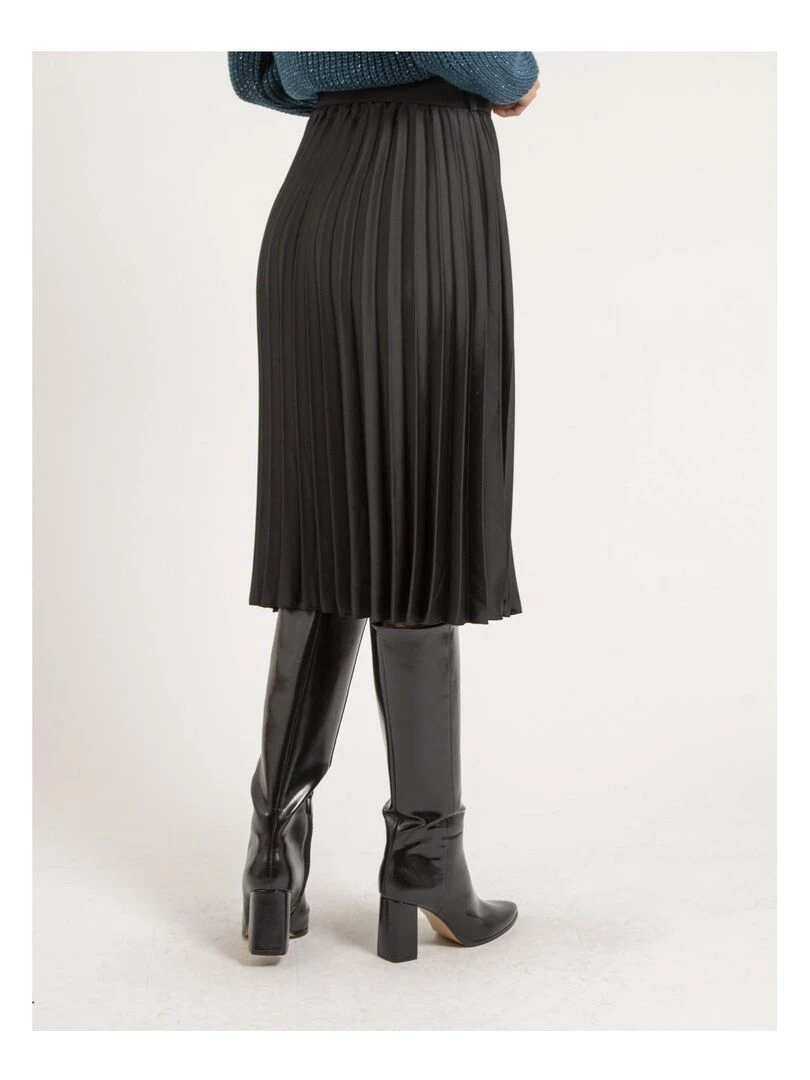 Jupe mi longue plissée satin et ceinture XOLIA Noir