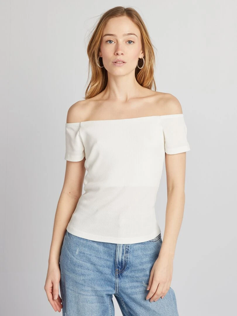 T shirt bardot en maille cotelée   blanc