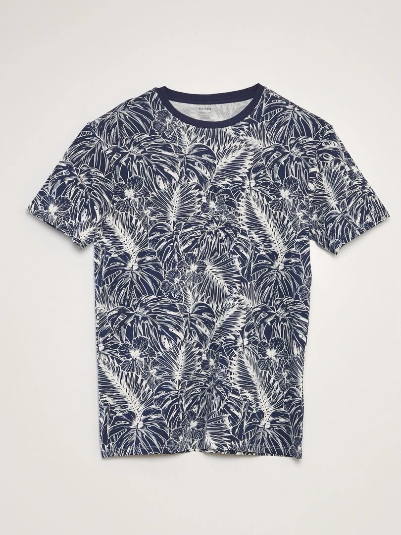 T shirt imprimé à col rond Kaki/bleu marine