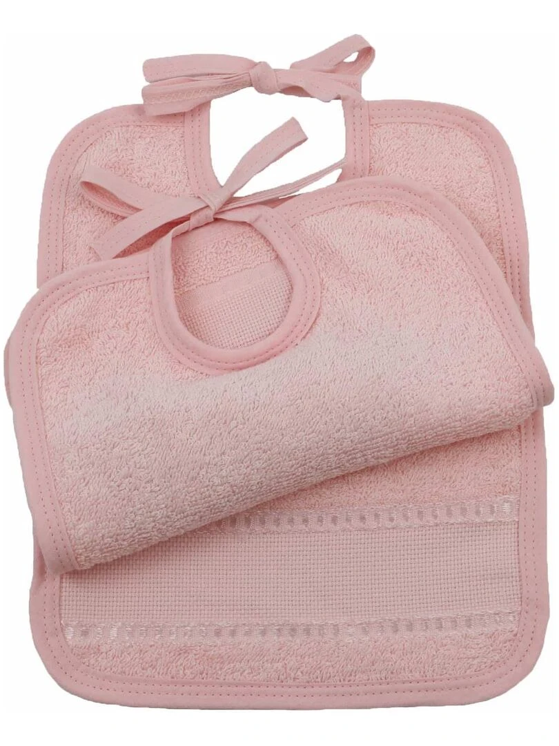 Lot de 2 bavoirs à liens avec toile aïda BAIDA Rose