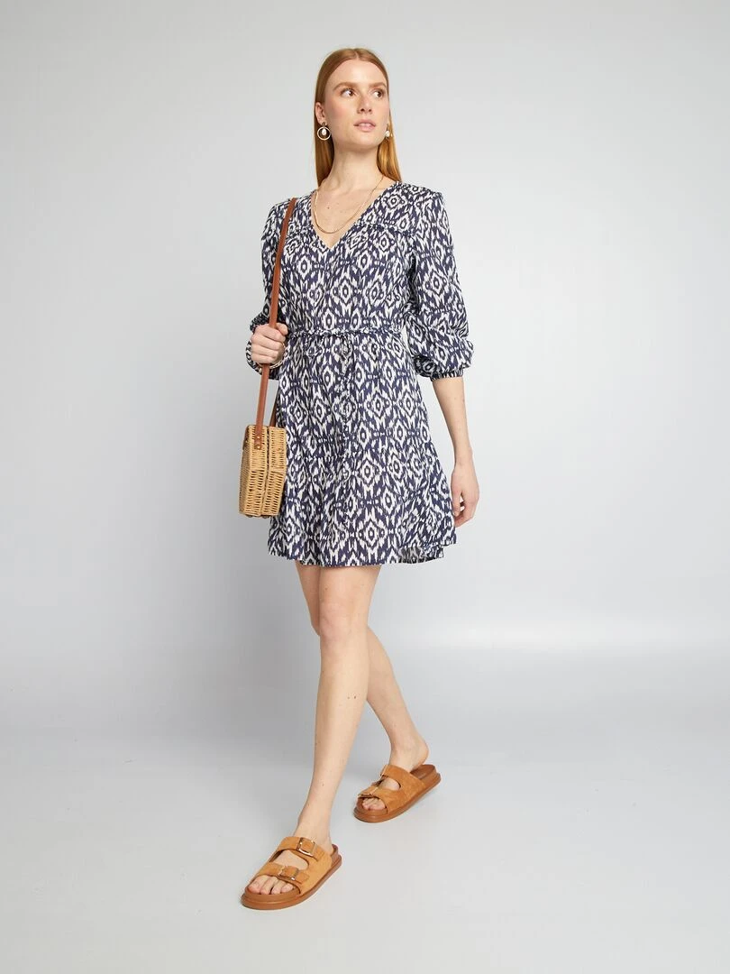 Robe ceinturée en voile de coton Bleu