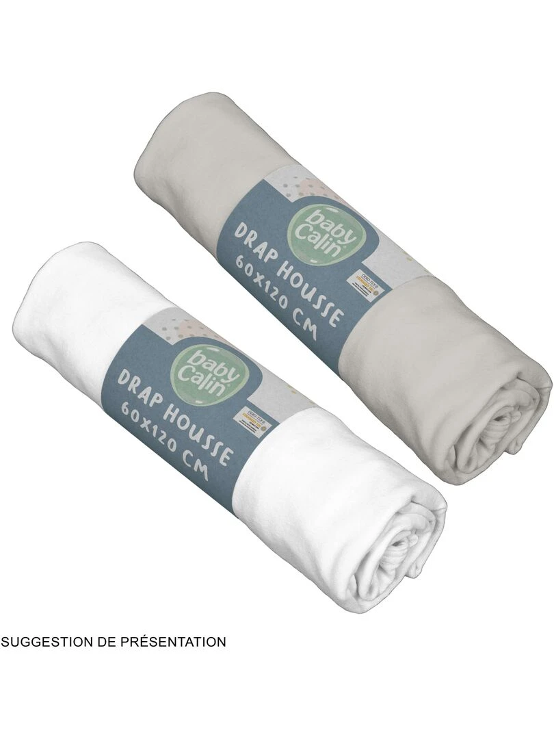 Lot de 2 draps housse en coton 60x120 cm Blanc + Gris Gris